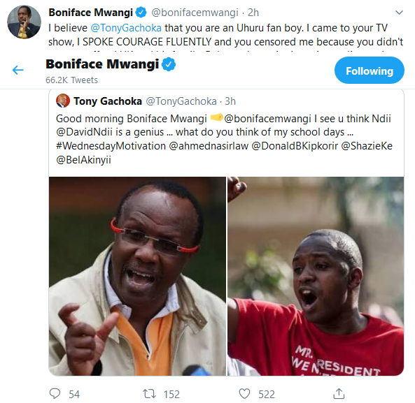 A screenshot of some of the exchanges between Boniface Mwangi and Toni Gachoka on Wednesday, October 30.