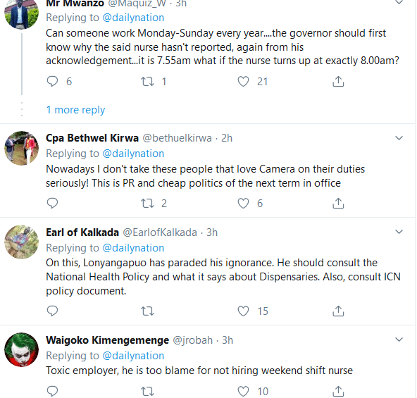 A section of responses from netizens to West Pokot Governor John Lonyangapuo's laments on Saturday, January 18.