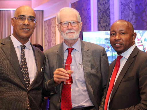 Business men Ali Khan Satchu (left) William Pike and Magnate Ventures managing director Stanley Kinyanjui at the Villa Rosa Kempinski Hotel in Nairobi on November 1, 2016.