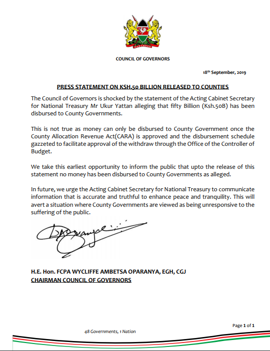 The statement signed by the Council of Governors head Wycliffe Oparanya. He urged Yattani to ensure clarity of communication in order to avoid demonizing governors in the eyes of the public.