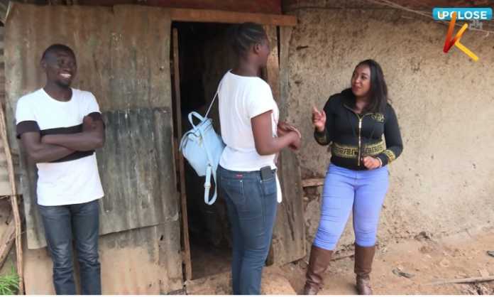 Stivo Simple Boy (left), his sister Linet (centre) and K24 TV anchor Betty Kyallo at Stivo Simple Boy's residence in Kibra.