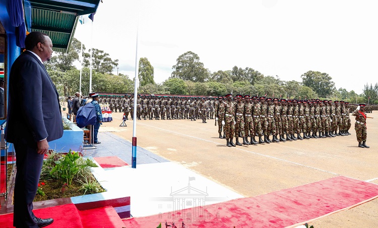 President Uhuru Kenyatta presiding over the pass out ceremony of KDF recruits at Moi Barracks in Eldoret. President Kenyatta applauded the high number of female recruits.