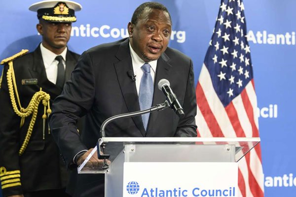 President Uhuru Kenyatta speaking at the Atlantic Council Forum in Washington, DC on February 5, 2020.