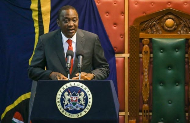 President Uhuru Kenyatta giving a State of the Nation address in Parliament. In 2016, he was disrupted by a section of MPs who were whistling and holding placards.