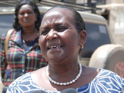 Samburu woman representative Maison Leshoomo talking to the press in Maralal town in February 5, 2018.