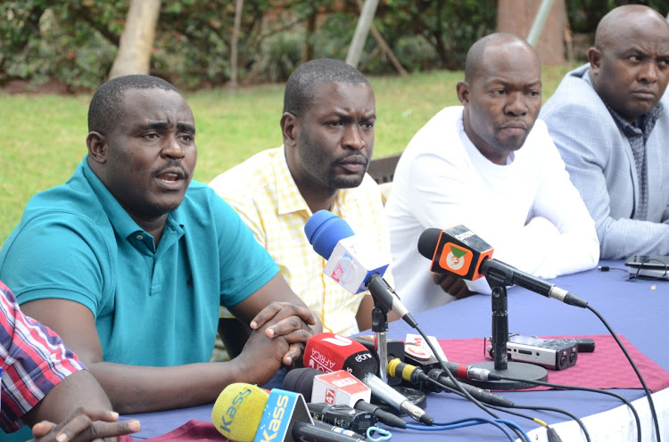 Some of the Luhya leaders including Cleaophas Malala (left) and Edwin Sifuna (second left) who barred Ruto from visiting Western over Nandi Evictions.