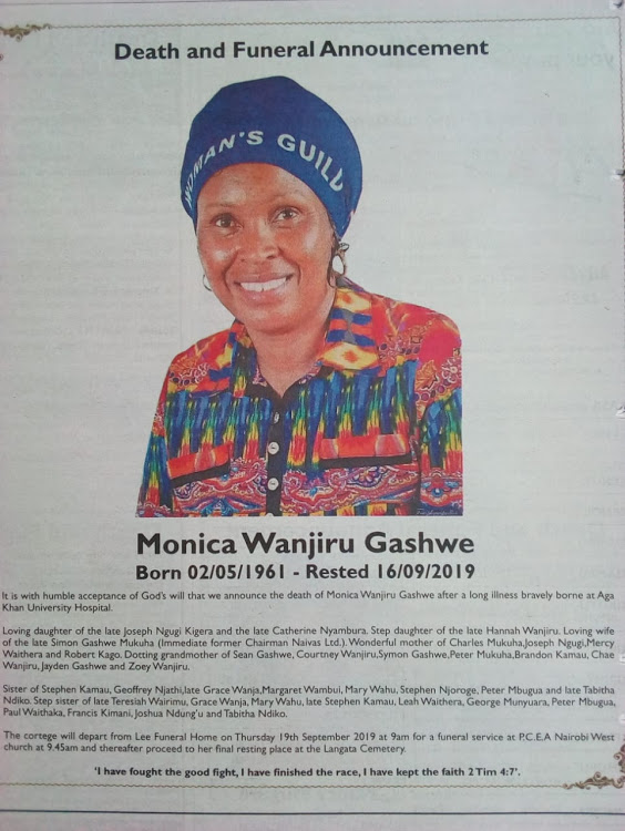 An obituary from Monica Wanjiru's family announcing her death.