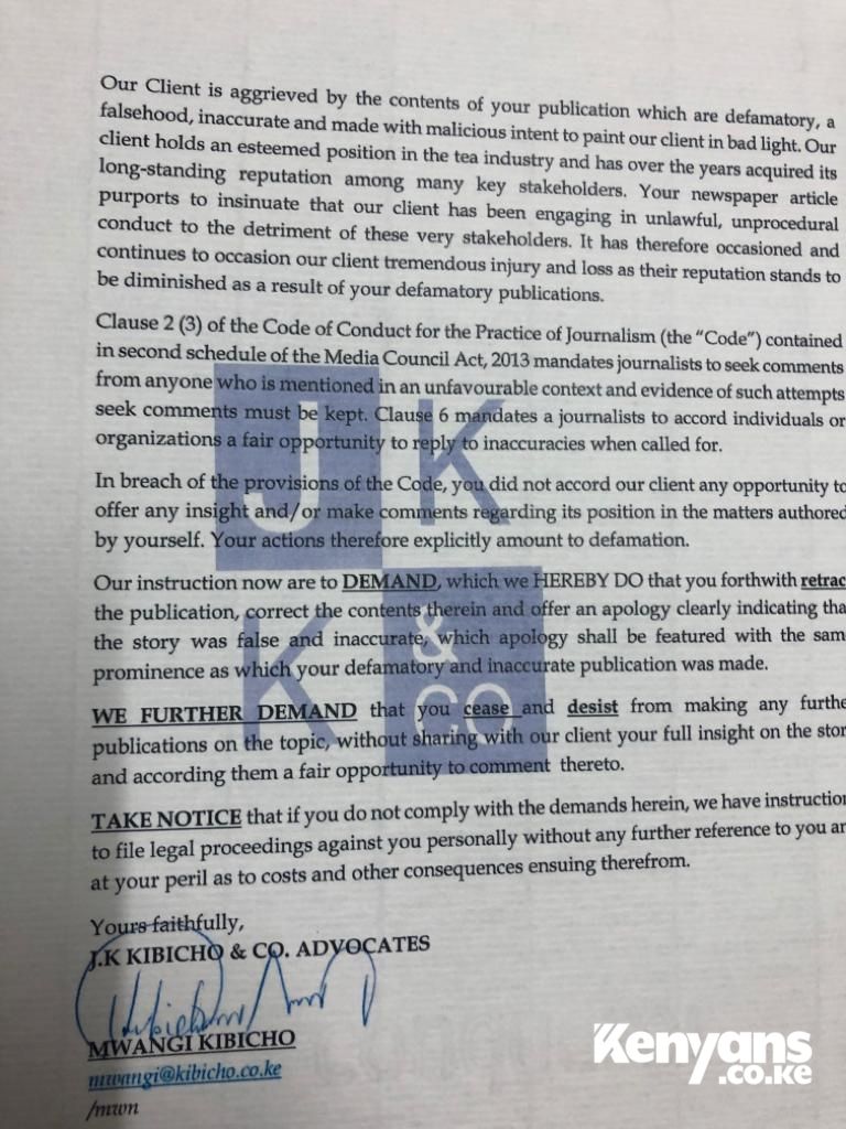 Copies of a letter sent to John Kamau threatening him of a court action over his exposes