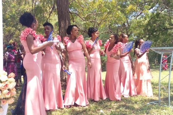 The bridesmaids in their pink flowing dresses