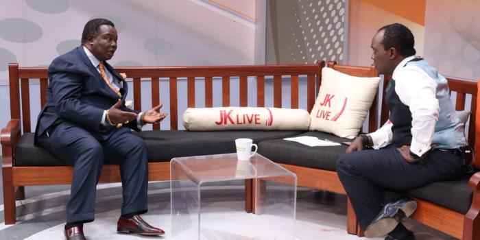 COTU Secretary General Francis Atwoli (l) and Jeff Koinange speaking during the JKLive Show, October 23, 2019 