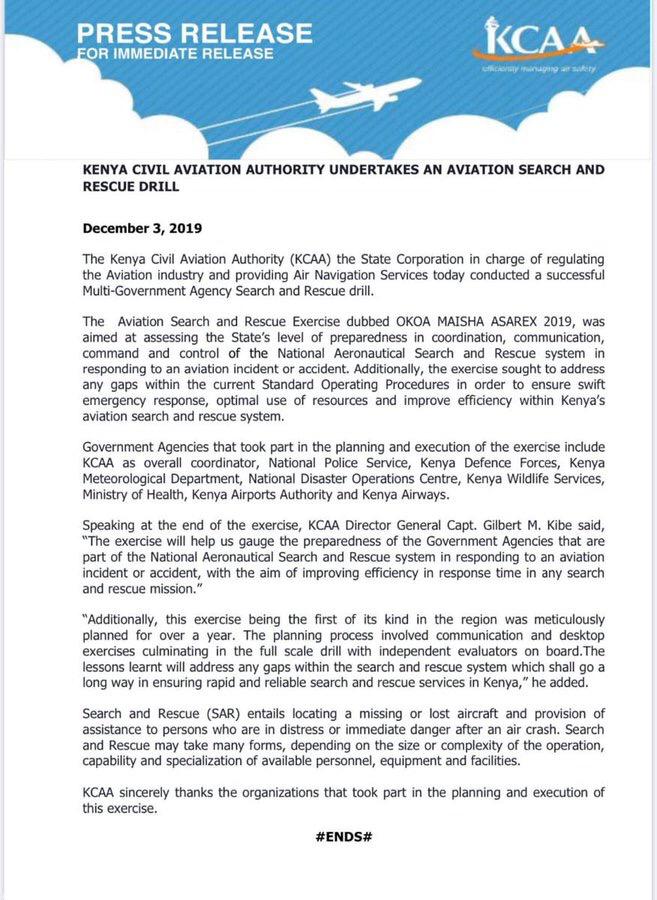 A letter released by KCAA informing the public of a drill at Wilson Airport on Tuesday, December 3, 2019.