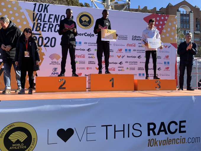 Rhonex Kipruto and Bernard Kimeli on the podium in Valencia, Spain on Sunday, January 12
