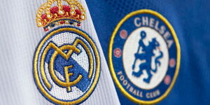 A collage photo of Real Madrid and Chelsea logos depicting a clash between the two football teams.