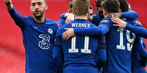 Chelsea players celebrate scoring a goal against Manchester City in a past Premier League Match.