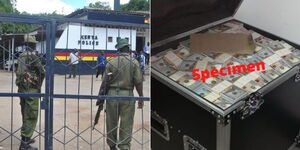 A collage of police officers manning a station and a cash box that was recovered from a local bank with suspected fake foreign currency on March 20, 2019.