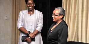 Rwandese First Lady Jeannette Kagame (left) and her Kenyan counterpart Margaret Kenyatta at a past event.