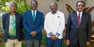 From left to right: Makueni Governor Kivutha Kibwana, ODM Party Leader Raila Odinga, Former UNCTAD boss Mukhisa Kituyi and Siaya Senator James Orengo.