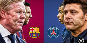 A promotional image showing the clash between Barcelona and PSG