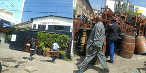 A photo collage of workers removing tables and chairs from the 1824 club building in Lang'ata on December 20, 2023.