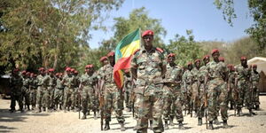 Members of the Ethiopian National Defense Forces stand in formation during a ceremony in Baidoa, Somalia on January 22, 2023. 
