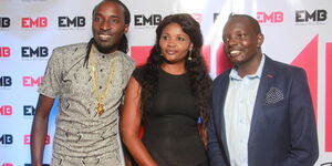 A photo of DJ Sadic, musician Lady B and TV host Antony Ndiema during an EMB records event on April 24, 2018.