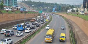 Vehicles on the busy Thika superhighway around Mountain Mall.
