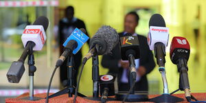 Microphones set up for a press conference in Nairobi on Thursday, February 20, 2020.