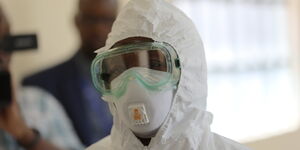 A medical practitioner dressed in protective gear at Coronavirus isolation and treatment facility in Mbagathi District Hospital on Friday, March 6, 2020