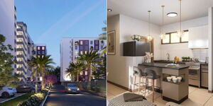 Artistic representation of Phase 2 of 237 affordable homes at Garden city by Mi Vida and an interior view.