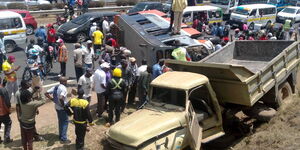 A bus full of passengers collides with a lorry along the Thika Superhighway on Monday, March 21. 