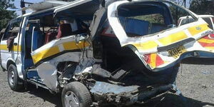 An image of a mangled 14-seater matatu that got involved in an accident on Saturday, June 4.