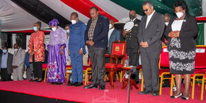 From  Right to Left; Public Services CS Margret Kobia, WHO Director General Tedros Ghebreyesus, President Uhuru Kenyatta, Health CS Mutahi Kagwe and Deputy Secretary General of United Nations, Amina J. Mohammed at Kenyatta University on Saturday. July 9. 