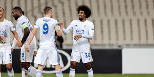 Hamza Choudhury of Leicester City celebrates with Jamie Vardy of Leicester City after scoring to make it 0-2 during the UEFA Europa League Group G stage match between AEK Athens and Leicester City at Athens Olympic Stadium