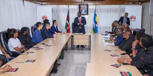 Prime Cabinet Secretary Musalia Mudavadi addressing the students at his office during the official send off for the trip on May 22, 2023