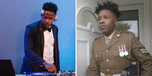 A side-by-side image of Kisila Mawia deejaying at an event (left) and donning the British military gear.