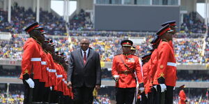 President Uhuru Kenyatta inspects a full parade mounted by the Kenya Defence Forces at Kasarani Stadium on September 13, 2022.