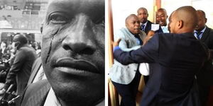 Sigowet Soin MP Benard Koros pictured bleeding and a snippet of the fight between Babu Owino and Charles Njagua.
