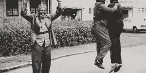 An undated image of Former presidents, Jomo Kenyatta (left), Mwai Kibaki and Panafricanist Tom Mboya.