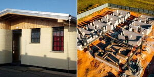 Photo collage of 3D Printed house completed design and the aerial view of construction at Mvule Gardens in Kilifi County