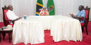 From Left: President Yoweri Museveni (Uganda), President Samia Suluhu (Tanzania) and President William Ruto (Kenya) at a a meeting in Zanzibar on March 14, 2024.