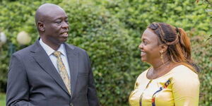 Deputy President Rigathi Gachagua (left) and the Second Lady Pastor Dorcas Rigathi engage in a conversation in Karen, Nairobi.