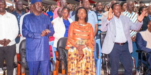 From left:  Azimio flagbearer Raila Odinga, Martha Karua and Kalonzo Musyoka in a church service in Donholm, Nairobi on August 21, 2022
