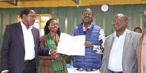 From left; Wiper Party Leader Kalonzo Musyoka, Azimio deputy presidential candidate Martha Karua and Azimio flagbearer Raila Odinga with his lawyer Paul Mwangi at the Supreme Court on August 22, 2022