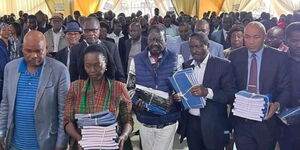 From left; Prof. Makau Mutua and Azimio deputy presidential candidate Martha Karua  and Azimio flagbearer Raila Odinga, filing their petition at the supreme court on August 22, 2022