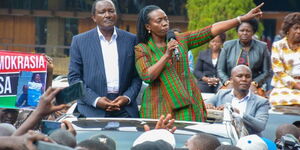 Azimio deputy presidential candidate Martha Karua alongside Wiper boss Kalonzo Musyoka addressing supporters outside KICC on August 22, 2022