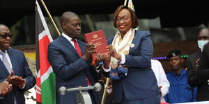 Nairobi Governor Johnson Sakaja and outgoing Governor  Anne Mwenda at KICC on Thursday, August, 24, 2022