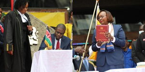 A Collage of Nairobi County incoming Governor Johnson Sakaja and outgoing Nairobi Governor Anne Mwenda at KICC on August 25, 2022