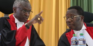 Hon. Justice Lenaola Njagi (left) giving orders as Hon. Justice Smokin Wanjala (right) watches on at the Supreme court on August 31, 2022