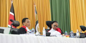 Deputy Chief Justice Philomena Mwilu (left) and Chief Justice Martha Koome (right) during petition hearing at the supreme court on August 31, 2022