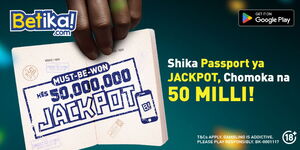 A graphic showing a person holding a passport showing the Betika Jackpot of Ksh50 million, December 2025.